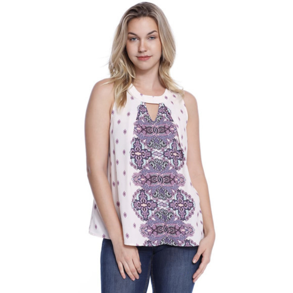 TAYLOR & SAGE High-Neck‎ Keyhole Woven Tank Boho Festival Print Sleeveless